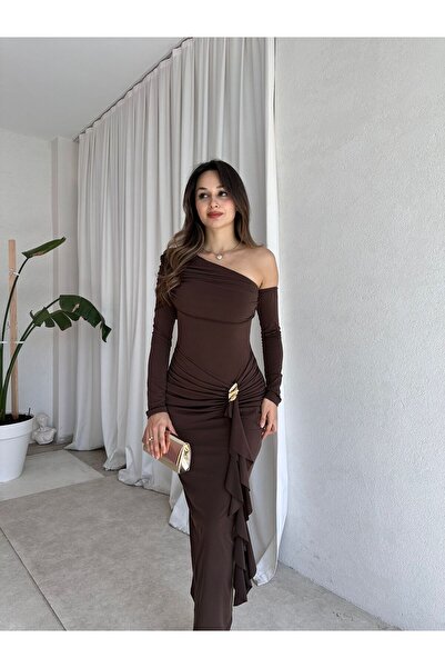 Mooi Butik KANTE Maxi Elbise 8207 - Acı Kahve