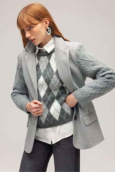 Saade Anthracite Women's Plaid Patterned Knitwear Sweater