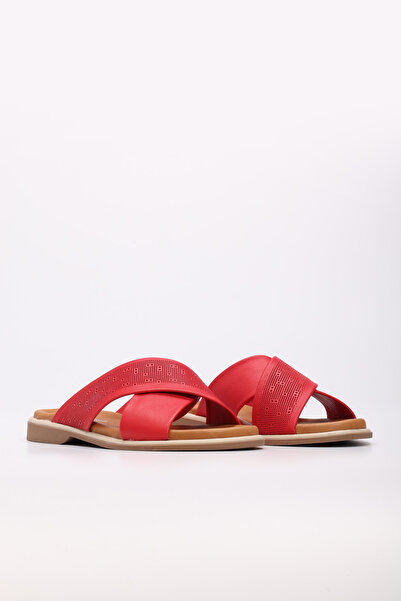 TUGERDİ Red Inside and Outside Genuine Leather Light Sole Red Cross Women's Slippers Tg099722611611