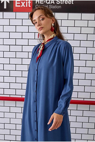 HEQA Omzu Büzgülü Gömlek Kot Mavi