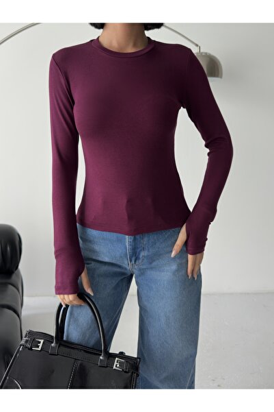 BEJNA Γυναικεία μπλούζα με λεπτομέρεια στο δάχτυλο με λαιμόκοψη μπορντό Soft Touch