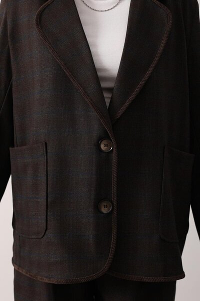 VAGGON Women's Brown Plaid Patterned Double Pocket Blazer Jacket Vs01263