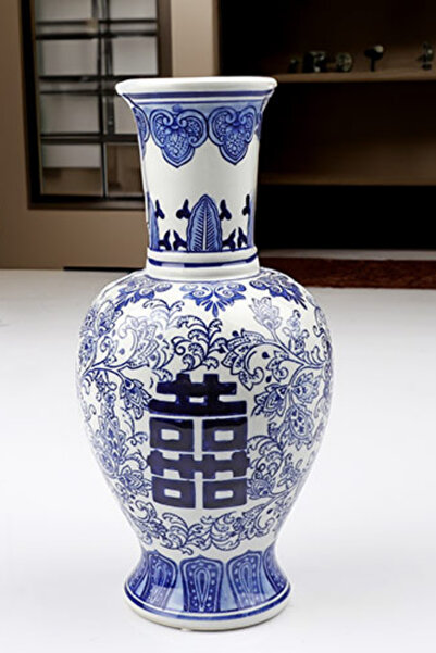 welcomein Çin Desenli Porselen Vazo – Mavi Beyaz Dekoratif Obje 30 cm