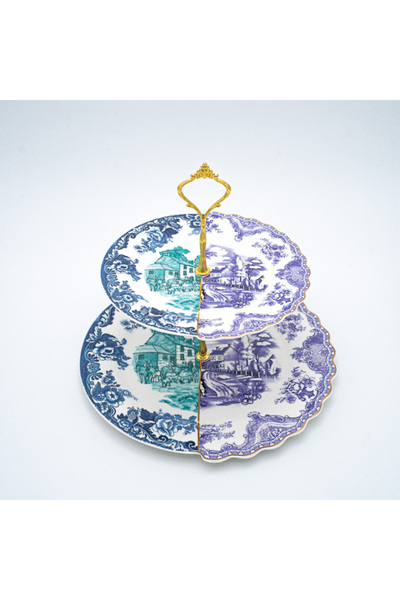 Malooki Two-tier dessert stand with blue and purple designs, 16/21 cm