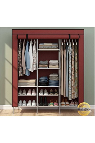 Golden Bark Fabric cabinet with multiple shelves and hanging spaces, practical foldable organizer