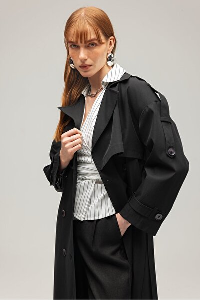 Saade Black Women's Belted Woven Long Trench Coat - Windbreaker Detailed