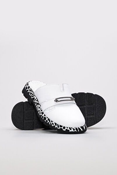 TUGERDİ White Genuine Leather Light Sole Quality Flat Women's Slippers Tg0971026191331