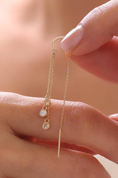 Tufanlar Kuyumculuk 14 Ayar Sallantılı Taşlı Tek Zincir Küpe