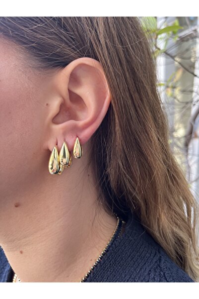 TUĞÇE TURAP 3’lü 14k Altın Renk Kararmaz Çelik Damla Küpe Seti – Modern Tasarım