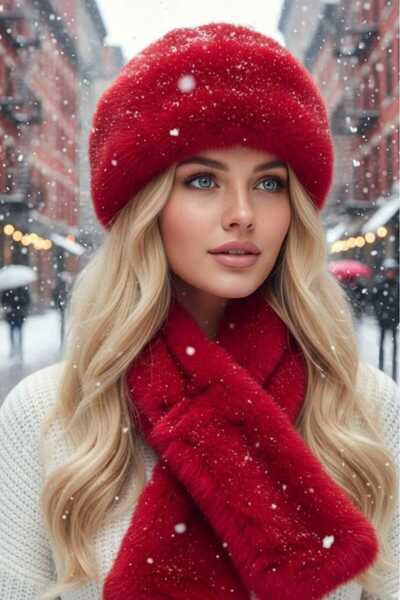 Mood Agenda Kadın Kışlık Vegan Kürk Peluş Kalpak Şapka ve Atkı Seti