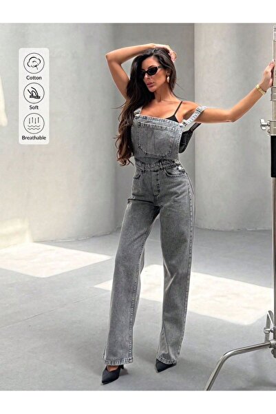 SHEVEGA Women's Snow Black Kangaroo Pocket Baggy Jeans Bahçevan Tulip Jumpsuit