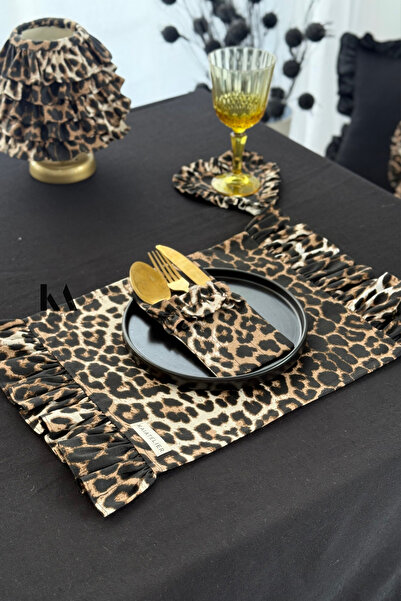 KaiAtelier Set de 4 lenjerie de pat din in leopard cu volane pe două părți