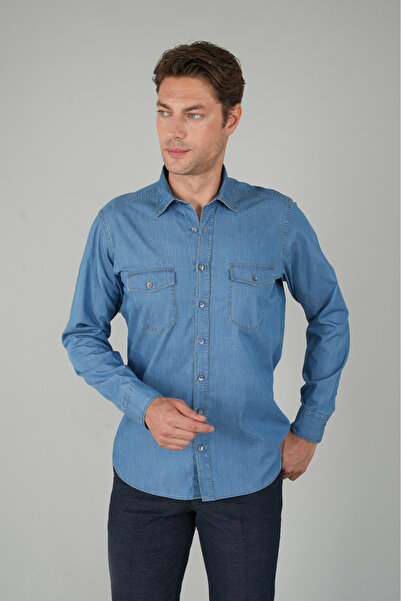 Bisse Men's Long Sleeve Sports Light Color Denim Shirt