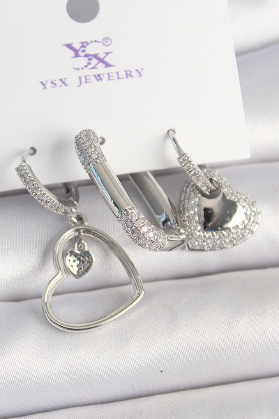 Epilons أقراط نحاسية فضية اللون متدلية بحجر الزركون على شكل قلب مكونة من 3 قط...