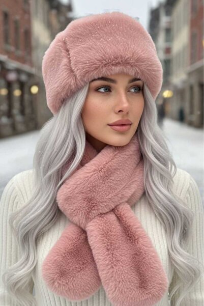 Mood Agenda طقم قبعة وشال شتوي نباتي من الفرو الصناعي للنساء