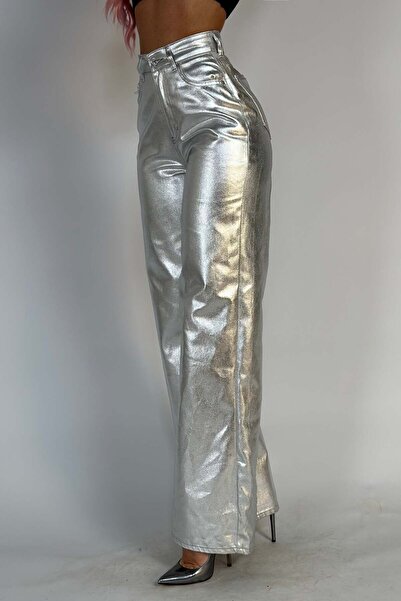 WildFashion Blugi casual cu talie inalta model evazat din denim argintiu lucios K931-6