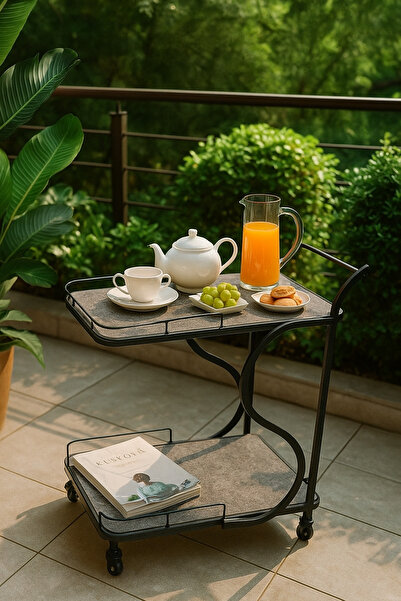 MARIA HOMES Modern Serving Trolley with Stone-Effect Shelves & Black Metal Frame – 2-Tier Rolling Bar Cart