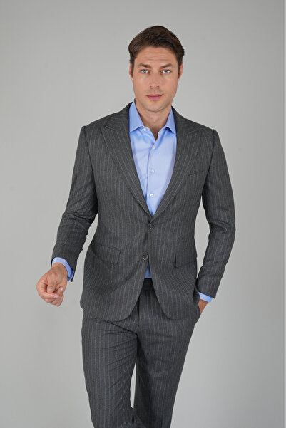 Bisse Erkek Kırlangıç Yaka 6 Drop Çizgili Gri Takım Elbise
