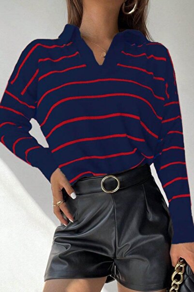 Mossta V-подібний комір, смугастий трикотажний блуз - темно-синій