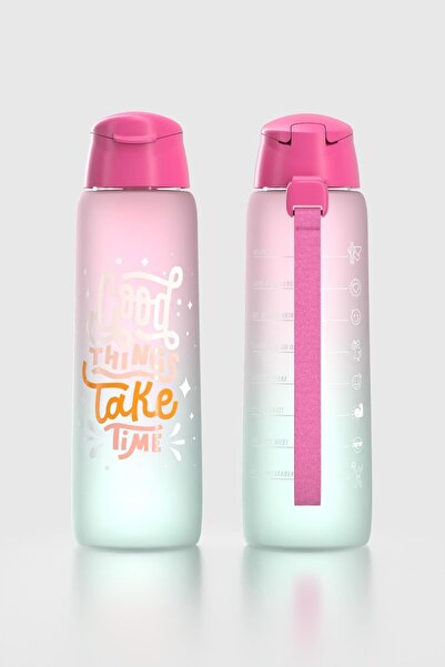 Renga Pera Double Color Text Patterned 820 ml Strap Mat Tritan Water Bottle 912134 Fuchsia-Turquoise