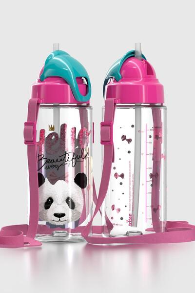 Renga Sonic Air Panda Patterned 500 ml Tritan Children's Water Bottle with Strap and Straw 912059 Pink-Mint