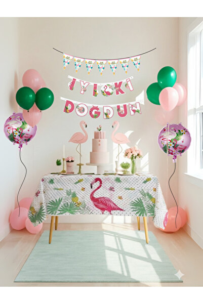 Umamiçe Flamingo Temalı Parti Süsleri Seti (Flama, Banner, Masa Örtüsü)