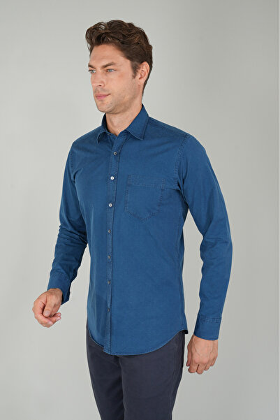 Bisse Men's Long Sleeve Sport Collar Denim Shirt