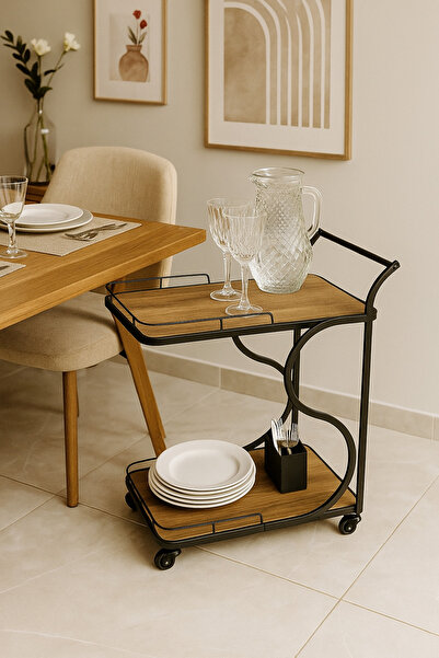 MARIA HOMES Modern Wooden Serving Trolley – 2-Tier Bar Cart with Black Metal Frame & Wheels