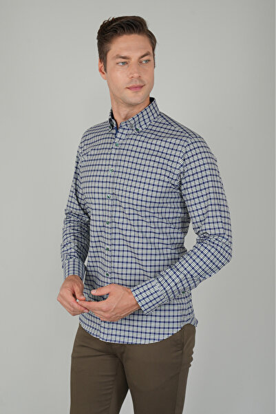 Bisse Men's Regular Fit Long Sleeve Green Checkered Shirt