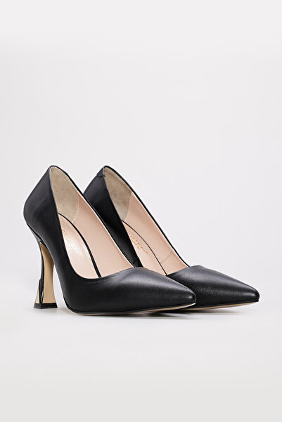 TUGERDİ Black Genuine Leather Jurdan Sole Women's Thin Heeled Shoes Tg092152612828