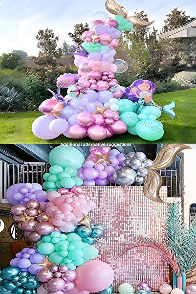 Parti dolabı 55Pcs Gold Mermaid Tail Foil Balloon Chain Mint Green, Macaron Lilac, Pink Birthday Decoration
