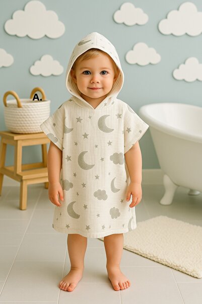 deva design Gray Cloudy Baby Poncho Made of 100% Cotton Muslin Fabric