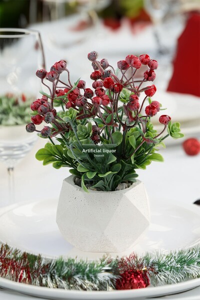 Yapay Çiçek Deposu New Year's Table Flower with Powdered Mini Artificial Flowers and Chips in a Concrete Pot 22 cm
