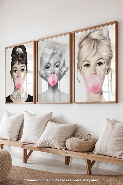 Basquiart Hepburn, Monroe, Bardot Set de 3 postere cu ramă din lemn, Set de p...