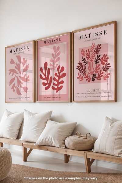 Basquiart Ροζ Ματίς Ξύλινη Ξυλογραφία 3 τεμαχίων με ξύλινο πλαίσιο, Σετ Ζωγρα...