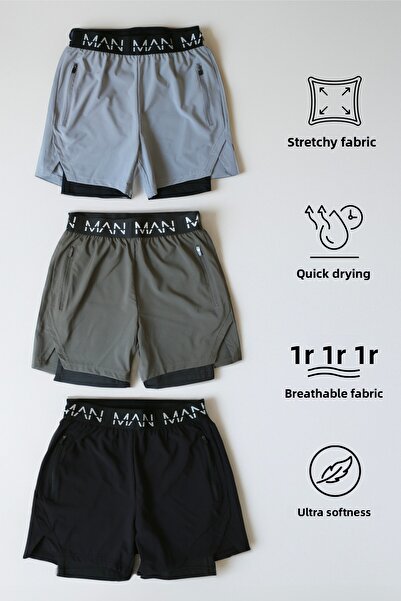 Man Of Man | Συσκευασία των 3 | Unisex σορτς με επένδυση γυμναστικής και φυσικής κατάστασης με κολάν και επικάλυψη από καουτσούκ για εξωτερικούς χώρους