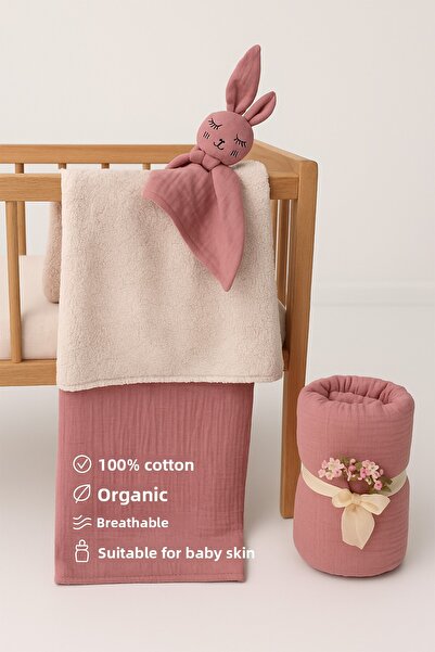 Melekpare 100% Cotton Organic 2-Sided Baby Blanket + Sleeping Companion Gift (90X120 cm)