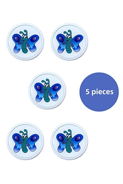 MegaVitrin 5 Pcs Blue Butterfly Kids Room Furniture Handle Set - Abs Plastic Button Cabinet and Drawer Handles