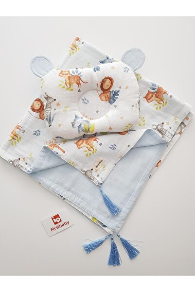 ib ilkimbebe طقم بطانية أطفال من الموسلين على شكل حيوانات السفاري ووسادة بأذن...