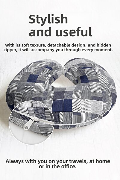 Evimde Bambaşka Pernă ergonomică pentru gât cu model modern în patchwork - Pernă moale de călătorie, geometrică, gri bleumarin