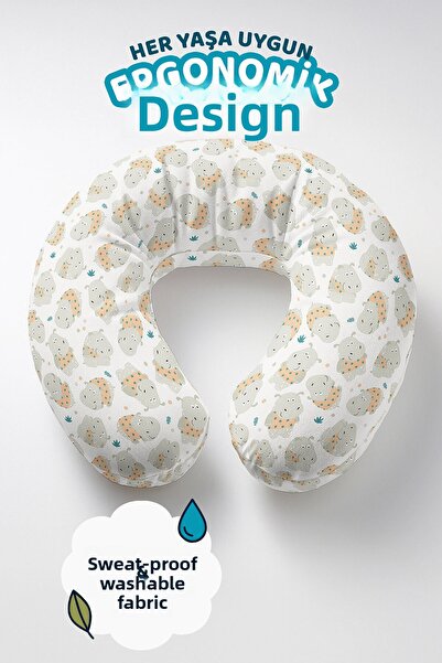 Evimde Bambaşka Cute Hippopotamus Patterned Cotton Neck Pillow - Special Desi...