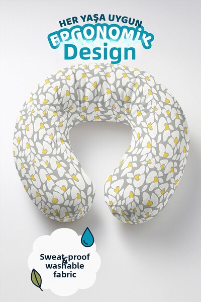 Evimde Bambaşka Floral Pattern Ergonomic Neck Pillow - Modern Yellow Gray Whi...
