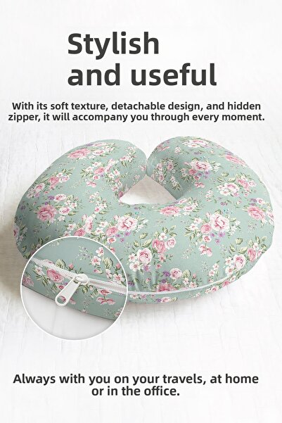 Evimde Bambaşka Floral Pattern Cotton Neck Pillow - Classic Pastel Green Pink...