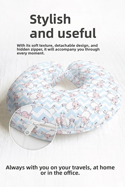 Evimde Bambaşka Cute Lamb Pattern Cotton Neck Pillow - Fun Blue Zigzag Kids &...