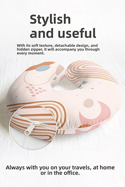 Evimde Bambaşka Pernă pentru gât din bumbac cu model geometric retro - Pernă de călătorie în bej roz cu figuri moderne pastelate