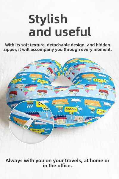 Evimde Bambaşka Pernă pentru gât cu model de navă colorată - Pernă de călătorie pentru copii și adulți cu tematică marină, albastru și galben