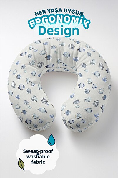 Evimde Bambaşka Pernă pentru gât din bumbac cu model cu creaturi marine - Pernă de călătorie cu tematică de acvariu, gri albastru