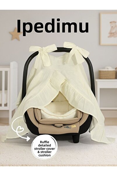 Pedimu Muslin Soft Color Ruffle Detailed Stroller Cover and Stroller Cushion Set
