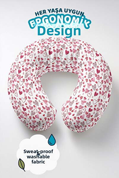Evimde Bambaşka Red Heart Cotton Neck Pillow - White Red Travel Pillow with R...