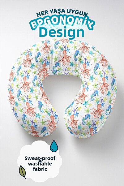 Evimde Bambaşka Pernă pentru gât cu model de creaturi marine - Pernă de călătorie cu model de stea cu modele colorate de caracatiță și calmar